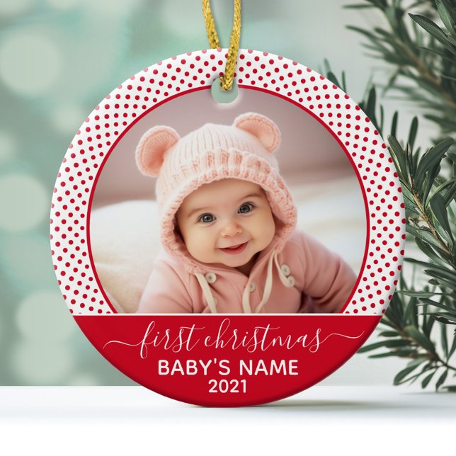 Babys First Christmas - red White Polka Dots Ceramic Ornament (Personalized Photo Ornament - Baby's First Christmas)