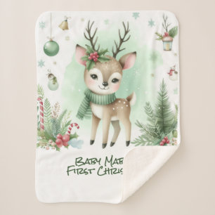 Baby's First Christmas Reindeer Green Sherpa Blanket