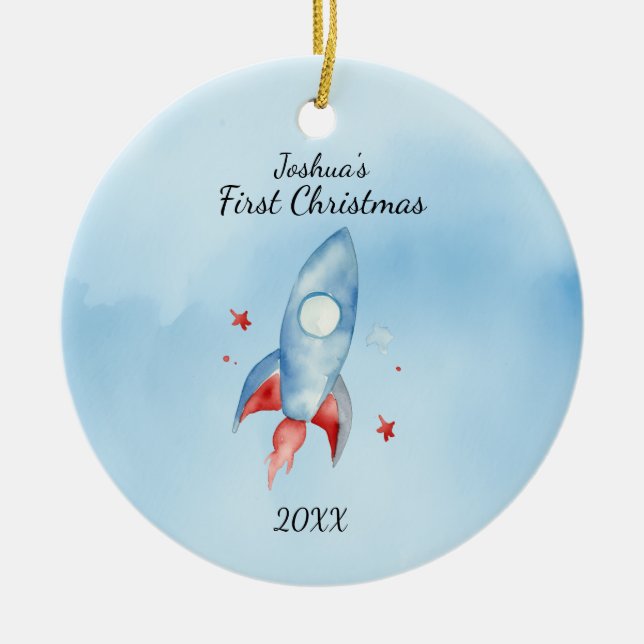 "Baby's First Christmas Rocket Personalised Ceramic Ornament (Front)