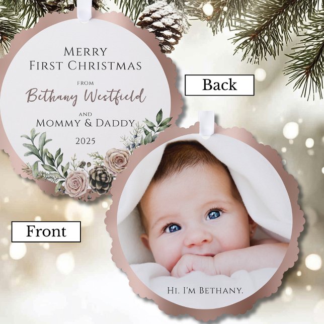 Baby's First Christmas Rose Gold Photo Keepsake Tree Decoration Card (Baby's First Christmas Rose Gold Photo Keepsake Holiday Ornament Card for Family and Friends)