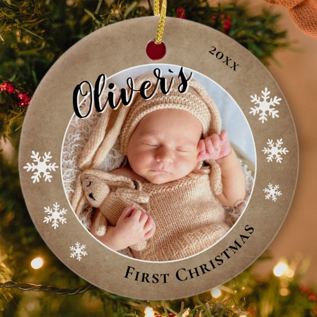 Baby's First Christmas Rustic Name Photo  Ceramic Ornament (Creator Uploaded)