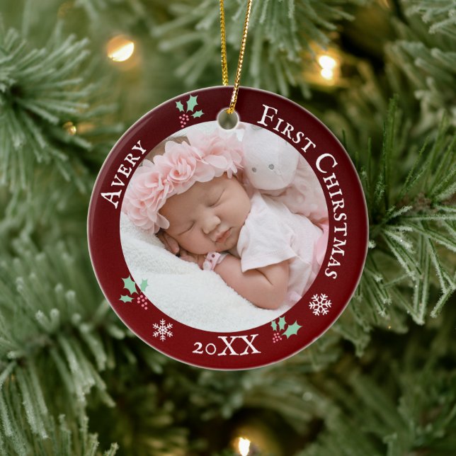 Baby's first Christmas Rustic red custom name Ceramic Ornament (Tree)