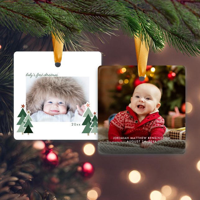 Baby's First Christmas Rustic Trees Photo Ceramic Ornament (Baby's First Christmas Rustic Trees Photo Ceramic Ornament)