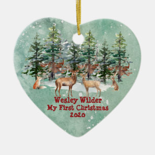 Baby's First Christmas Rustic Woodland Watercolor Ceramic Ornament