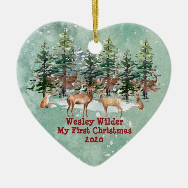 Baby's First Christmas Rustic Woodland Watercolor Ceramic Ornament (Front)
