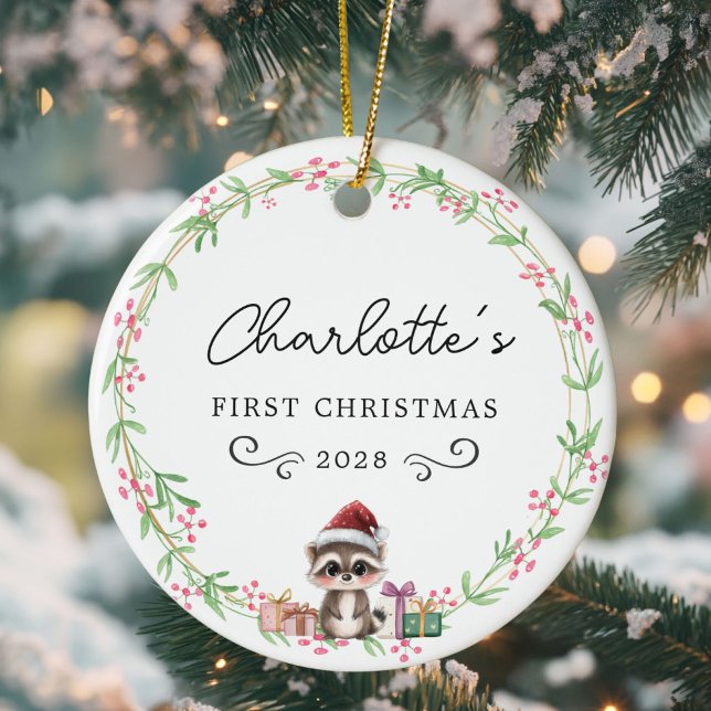 Baby's First Christmas–Rustic Wreath&Baby Racoon Ceramic Ornament (Personalized, Baby's First Christmas–Rustic Wreath, Baby Raccoon with Santa Hat Ceramic Ornament)