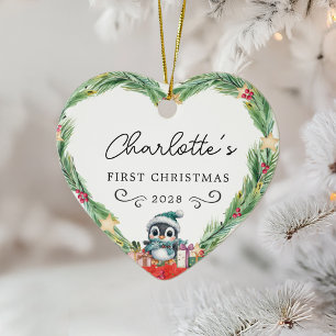 Baby's First Christmas – Rustic Wreath & Penguin Ceramic Ornament