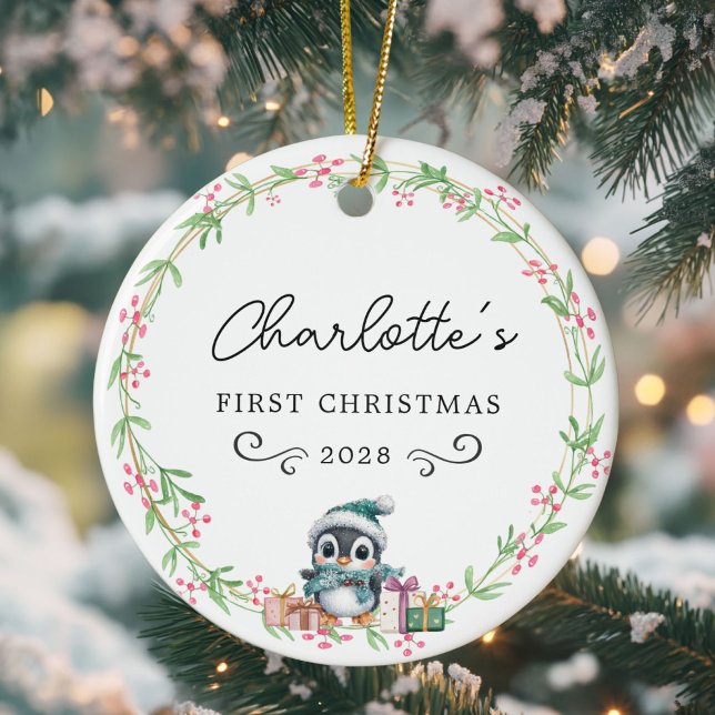 Baby's First Christmas – Rustic Wreath & Penguin Ceramic Ornament (Cute, Personalized, Baby's First Christmas – Rustic Wreath, Penguin with Santa Hat Ceramic Ornament.)