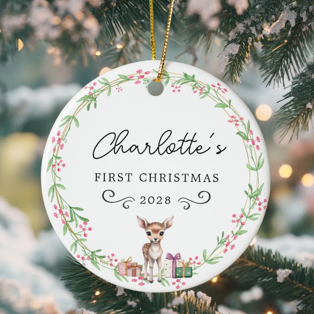 Baby's First Christmas – Rustic Wreath & Reindeer Ceramic Ornament (Cute, Personalized, Baby's First Christmas – Rustic Wreath & Reindeer Ceramic Ornament Design.)