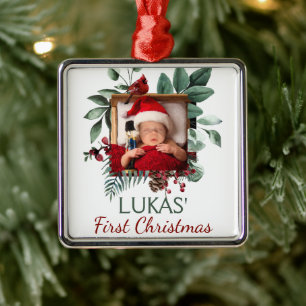 Baby's First Christmas Rustic Xmas Wreath Photo Metal Ornament