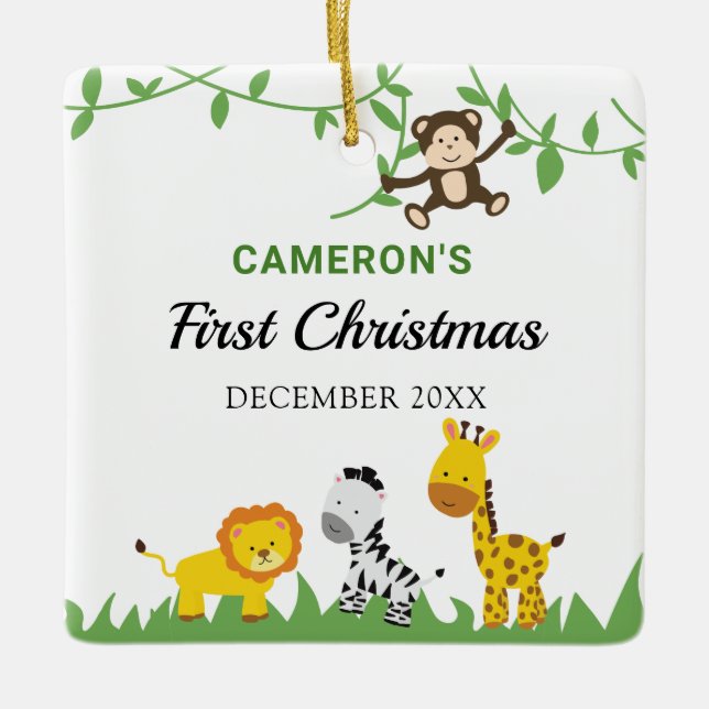 Baby's First Christmas Safari Jungle Animals Cute  Ceramic Ornament (Front)