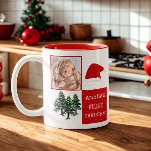 Baby's first Christmas Santa Hat Snow Tree Photo Two-Tone Coffee Mug