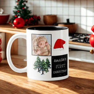 Baby's first Christmas Santa Hat Snow Tree Photo Two-Tone Coffee Mug
