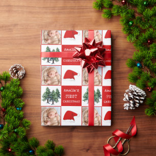 Baby's first Christmas Santa Hat Snow Tree Photo Wrapping Paper