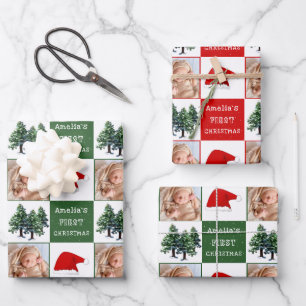 Baby's first Christmas Santa Hat Snow Tree Photo Wrapping Paper Sheet