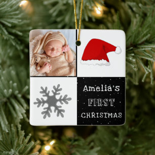 Baby's first Christmas Santa Hat Snowflake Photo Ceramic Ornament
