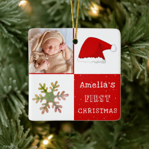 Baby's first Christmas Santa Hat Snowflake Photo Ceramic Ornament