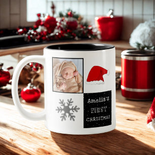 Baby's first Christmas Santa Hat Snowflake Photo Two-Tone Coffee Mug