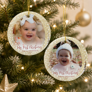 Babys First Christmas Script 2 Photos Gold Ceramic Ornament