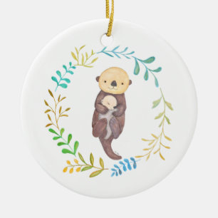 Baby's First Christmas Sea Otter Mum Baby Custom Ceramic Ornament