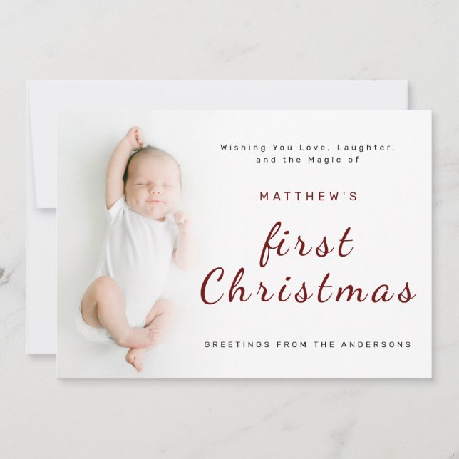 Baby's First Christmas Simple 1 Photo Greeting Holiday Card (Front)