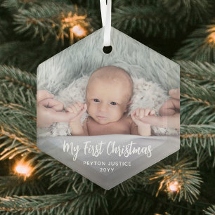 Baby's First Christmas Simple 1 Photo White Script Glass Tree Decoration