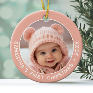 Baby's First Christmas - Simple Coral Pink Girl Ceramic Ornament