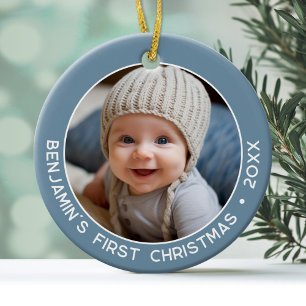 Baby's First Christmas - Simple Denim Pastel Blue Ceramic Ornament