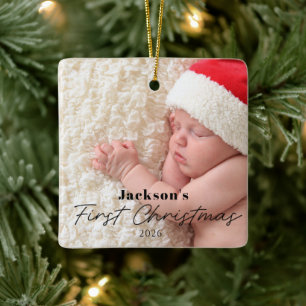 Baby's First Christmas Simple Modern Photo Ceramic Ornament