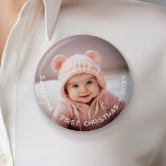 Baby's First Christmas - Simple Photo curved type 6 Cm Round Badge<br><div class="desc">Add one picture to this cute baby magnet - perfect for baby girls or boys. A photo with a type overlay makes a memorable magnet for your refrigerator. Use a cute snapshot from your phone and make an item that will last for years. A modern minimal font for the year...</div>