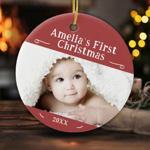 Baby's First Christmas Simple Red Photo Keepsake  Ceramic Ornament