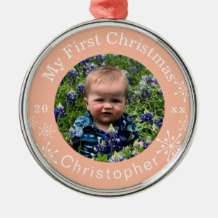 Baby's First Christmas Snowflakes Blush Custom Metal Ornament
