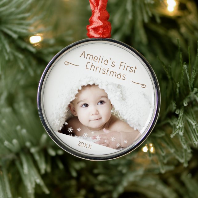 Baby's First Christmas Snowflakes Photo Keepsake Metal Ornament (Tree)