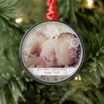 Baby's First Christmas Snowflakes Red Silver Metal Metal Ornament<br><div class="desc">This sweet keepsake design features white and silver glitter snowflakes with space for one photo to commemorate Baby's 1st Christmas! The collection of coordinating products is available in our shop, zazzle.com/store/doodlelulu. Contact us if you need this design applied to a specific product to create your own unique matching item! Thank...</div>