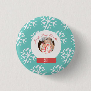 Baby's First Christmas Snowglobe Snowflakes Teal 3 Cm Round Badge