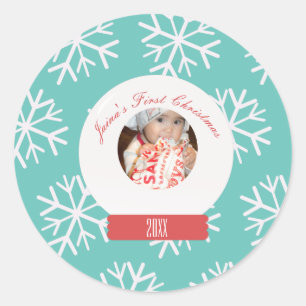 Baby's First Christmas Snowglobe Snowflakes Teal   Classic Round Sticker