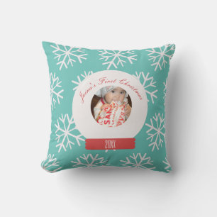 Baby's First Christmas Snowglobe Snowflakes Teal Cushion