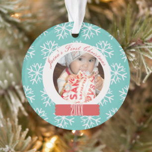 Baby's First Christmas Snowglobe Snowflakes Teal Ornament