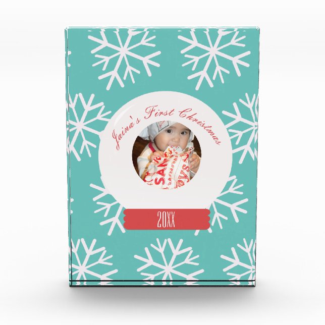 Baby's First Christmas Snowglobe Snowflakes Teal  Photo Block (Front)