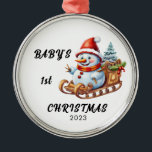 Baby's First Christmas Snowman Sleigh Ornament<br><div class="desc">Baby's First Christmas Snowman Sleigh Ornament,  Can be personalised with name of baby,  year of christmas and year.</div>