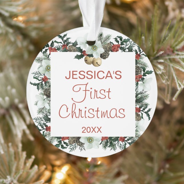 Baby's First Christmas Square Pretty Wreath Photo Ornament (Tree)