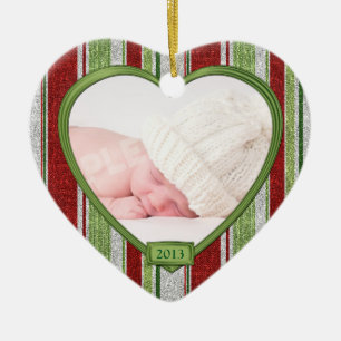 Baby's First Christmas Stripes Photo Heart Xmas Ceramic Ornament