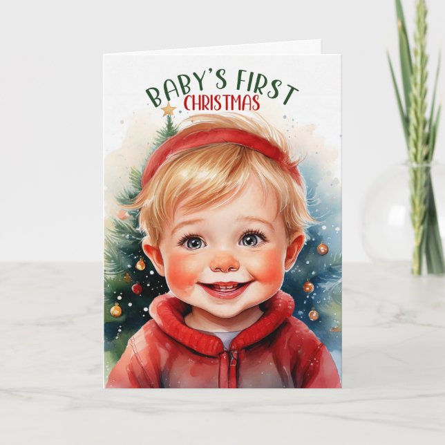 Baby's First Christmas Sweet Blonde Boy Holiday Card (Front)