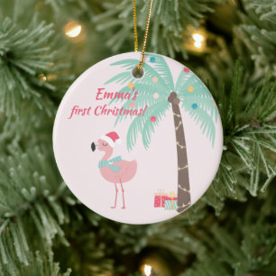 Baby's First Christmas  -  Sweet Santa Flamingo Ce Ceramic Ornament
