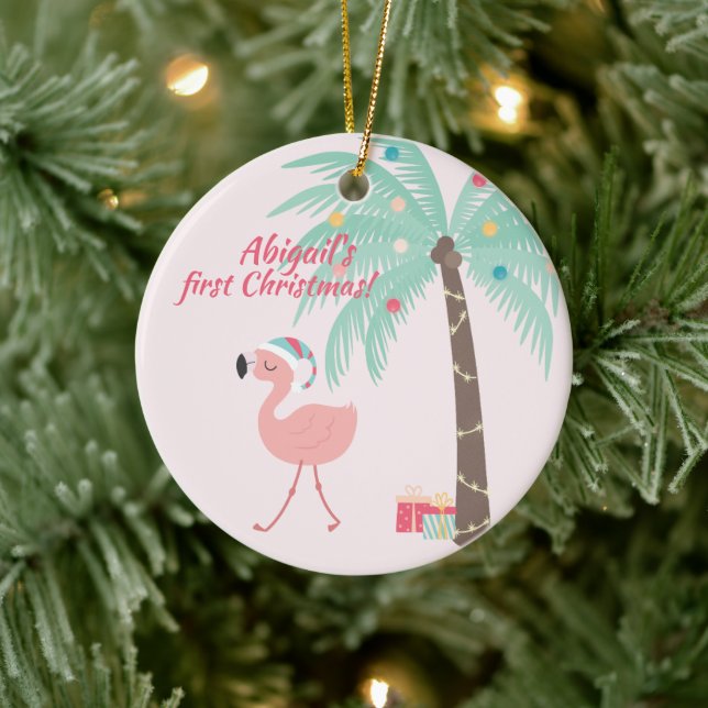 Baby's First Christmas  -  Sweet Santa Flamingo Ceramic Ornament (Tree)