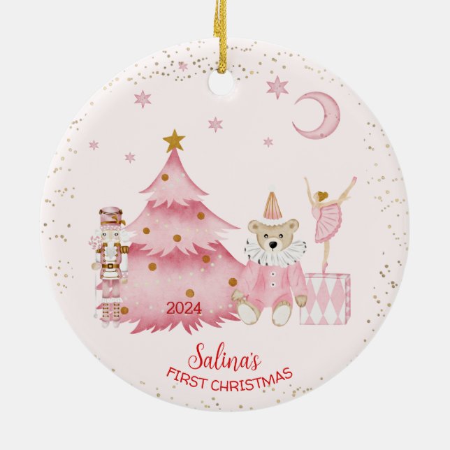 Baby's First Christmas The Nutcracker Scene Pink  Ceramic Ornament (Back)