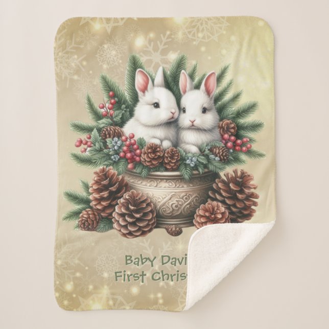 Baby's First Christmas Two Bunnies In A Bowl Sherpa Blanket (Front)