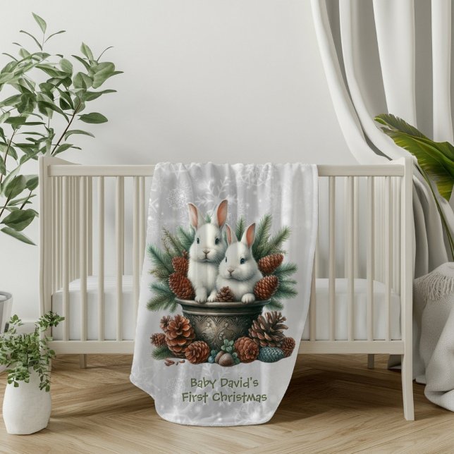 Baby's First Christmas Two Bunnies In A Bowl Sherpa Blanket (Creator Uploaded)