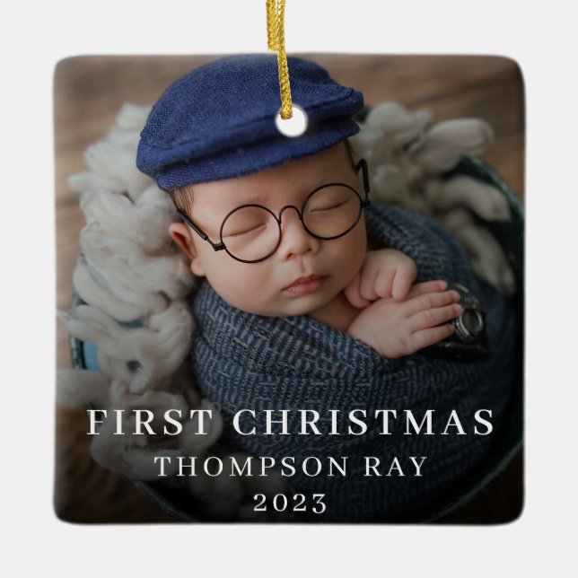 Baby's First Christmas Two Photo Newborn Cute Ceramic Ornament (Front)