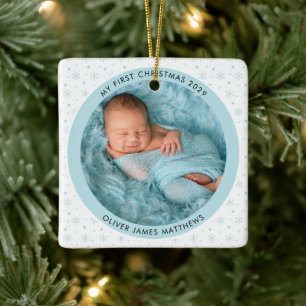 Baby's First Christmas Two Photo Snowflake Ceramic Ornament